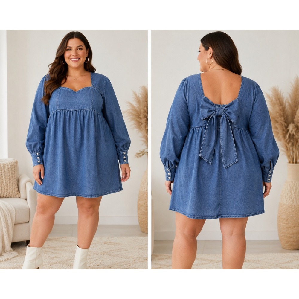 ASOS Luxe Denim Dress Women Size 20 Blue NEW Bow Back Pearl Button Mini Babydoll